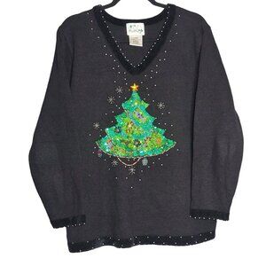 Vintage Quacker Factory Women's L Christmas Tree Sweater Black Sequin